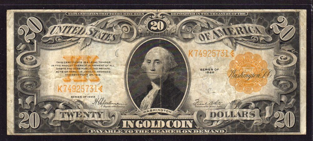 Fr.1187, 1922 $20 Gold Certificate, VF, K74925731